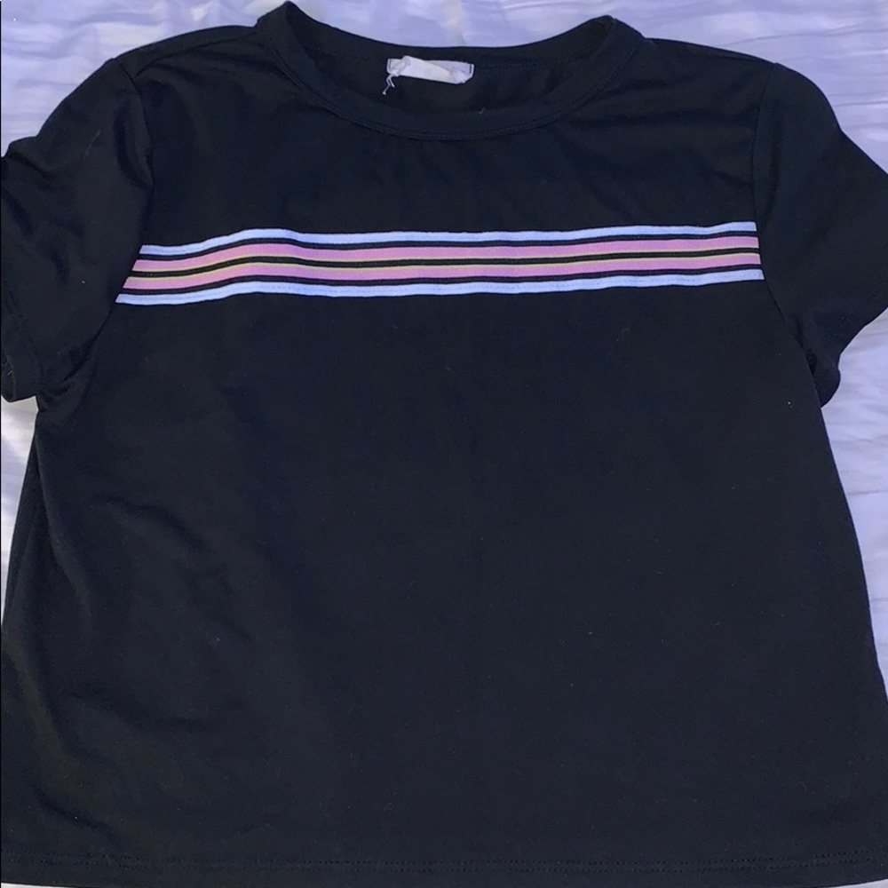black shirt with pink yellow and white stripes